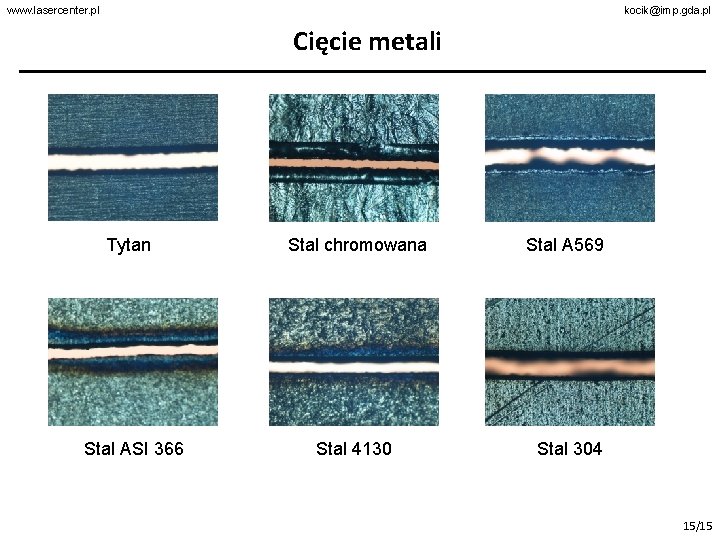 www. lasercenter. pl kocik@imp. gda. pl Cięcie metali Tytan Stal chromowana Stal A 569