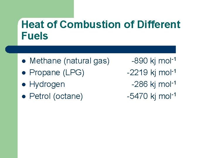 Heat of Combustion of Different Fuels l l Methane (natural gas) Propane (LPG) Hydrogen Heat of Combustion of Different Fuels l l Methane (natural gas) Propane (LPG) Hydrogen