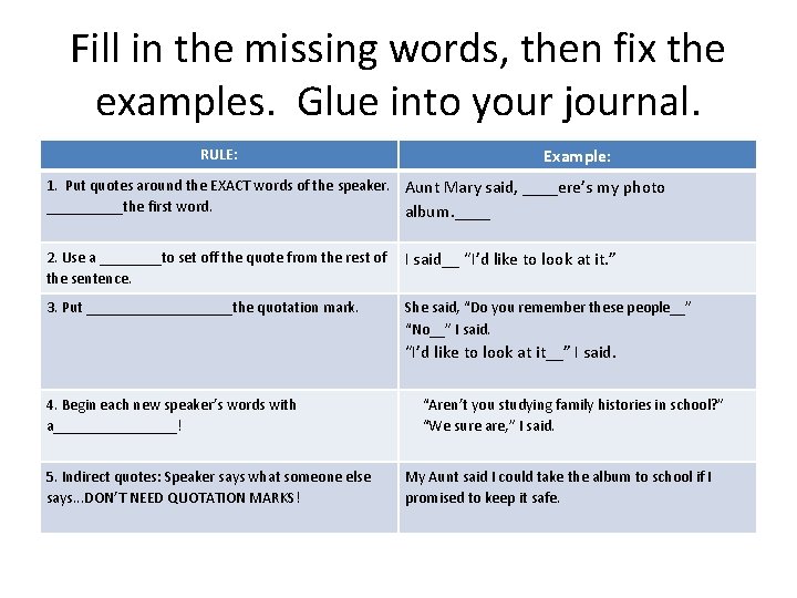 Fill in the missing words, then fix the examples. Glue into your journal. RULE:
