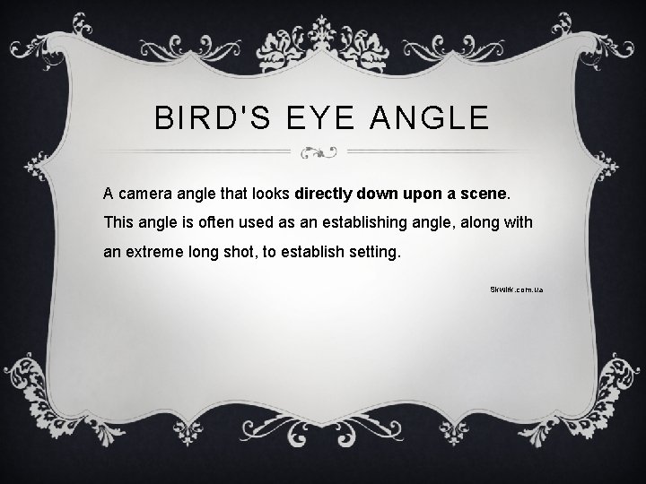 BIRD'S EYE ANGLE A camera angle that looks directly down upon a scene. This