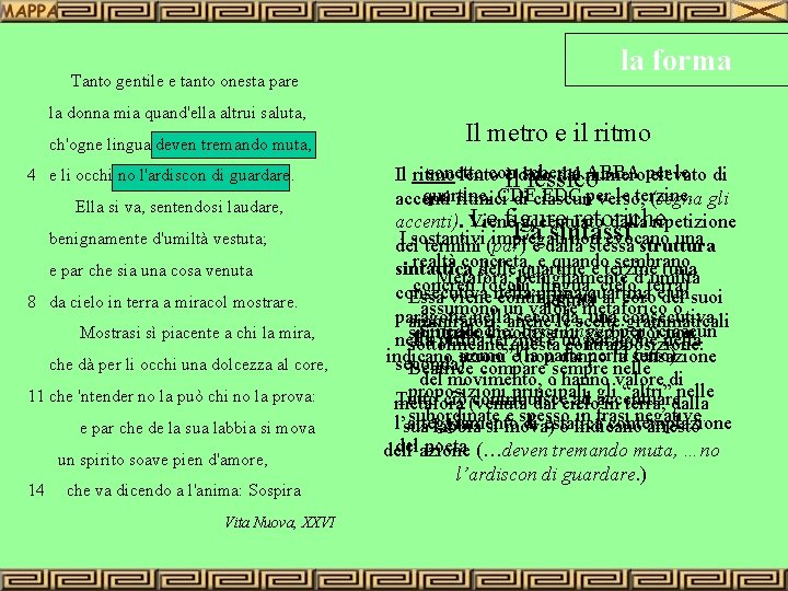 Tanto gentile e tanto onesta pare la donna mia quand'ella altrui saluta, ch'ogne lingua
