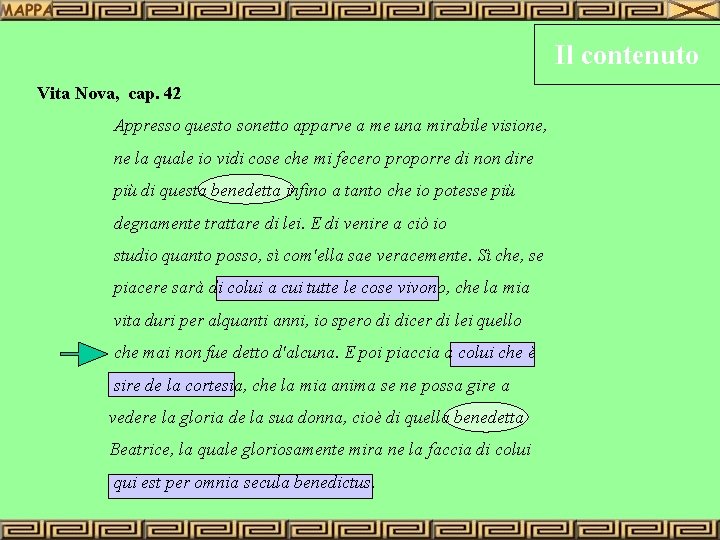 Il contenuto Vita Nova, cap. 42 Appresso questo sonetto apparve a me una mirabile