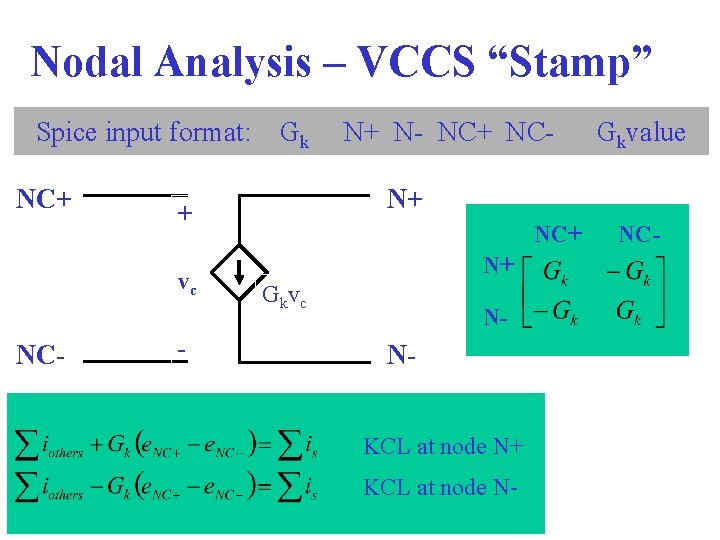Nodal Analysis – VCCS “Stamp” Spice input format: Gk N+ N- NC+ NC- Gkvalue