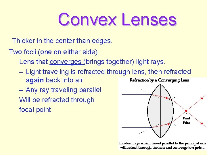 Convex Lenses Thicker in the center than edges. Two focii (one on either side)