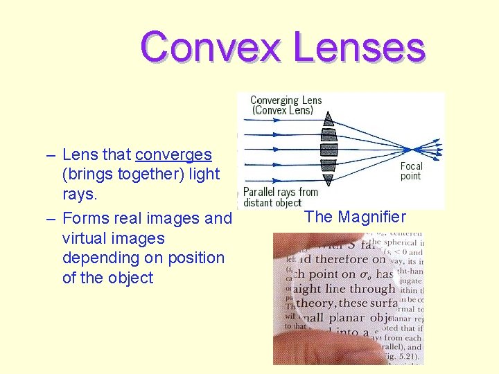 Convex Lenses – Lens that converges (brings together) light rays. – Forms real images
