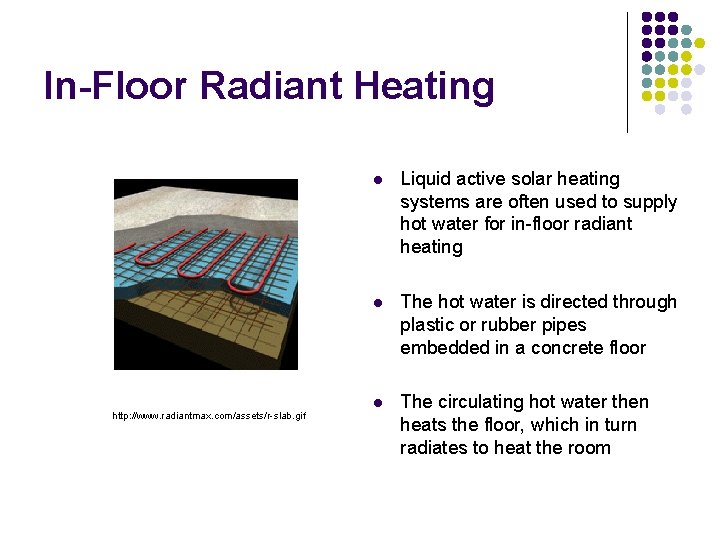 In-Floor Radiant Heating http: //www. radiantmax. com/assets/r-slab. gif l Liquid active solar heating systems