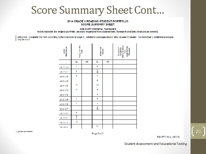 Score Summary Sheet Cont… 20 Student Assessment and Educational Testing Score Summary Sheet Cont… 20 Student Assessment and Educational Testing