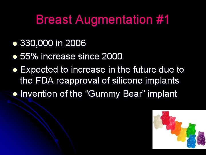 Breast Augmentation #1 330, 000 in 2006 l 55% increase since 2000 l Expected