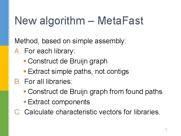 New algorithm – Meta. Fast Method, based on simple assembly: A. For each library:
