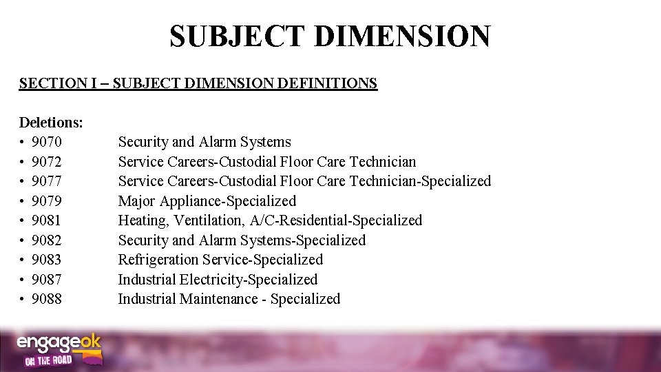 SUBJECT DIMENSION SECTION I SUBJECT DIMENSION DEFINITIONS Deletions: • 9070 Security and Alarm Systems