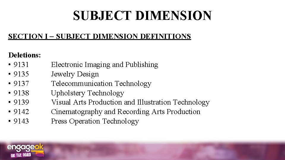 SUBJECT DIMENSION SECTION I SUBJECT DIMENSION DEFINITIONS Deletions: • 9131 Electronic Imaging and Publishing