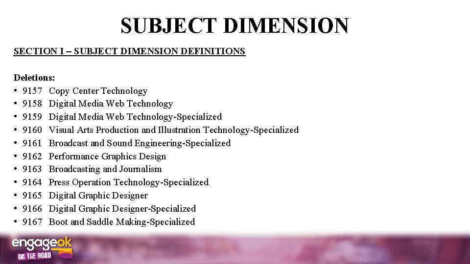 SUBJECT DIMENSION SECTION I SUBJECT DIMENSION DEFINITIONS Deletions: • 9157 Copy Center Technology •