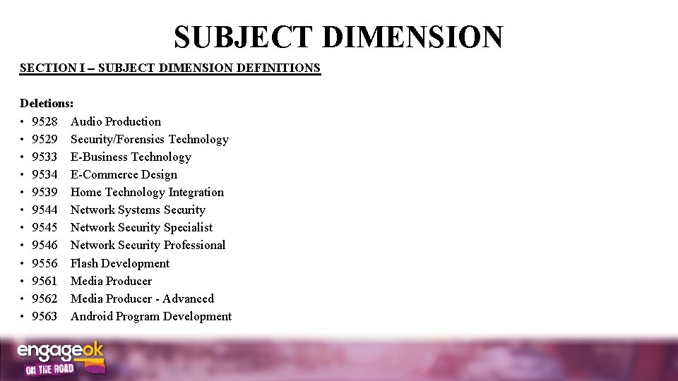 SUBJECT DIMENSION SECTION I SUBJECT DIMENSION DEFINITIONS Deletions: • 9528 Audio Production • 9529