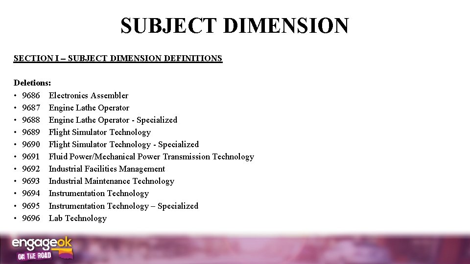 SUBJECT DIMENSION SECTION I SUBJECT DIMENSION DEFINITIONS Deletions: • 9686 Electronics Assembler • 9687