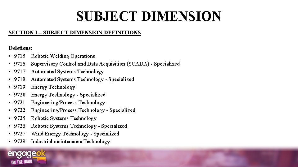 SUBJECT DIMENSION SECTION I SUBJECT DIMENSION DEFINITIONS Deletions: • 9715 Robotic Welding Operations •