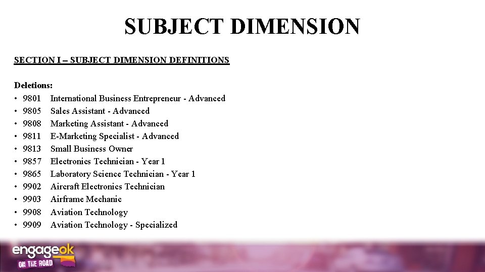 SUBJECT DIMENSION SECTION I SUBJECT DIMENSION DEFINITIONS Deletions: • 9801 International Business Entrepreneur -