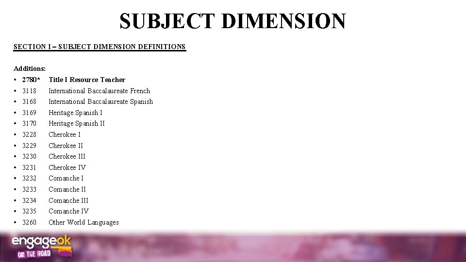 SUBJECT DIMENSION SECTION I SUBJECT DIMENSION DEFINITIONS Additions: • • • • 2780* Title