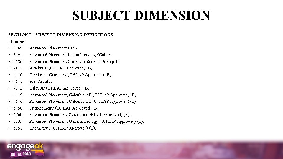 SUBJECT DIMENSION SECTION I SUBJECT DIMENSION DEFINITIONS Changes: • • • • 3165 Advanced