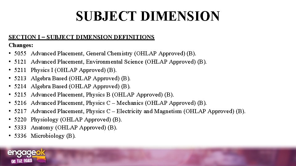 SUBJECT DIMENSION SECTION I SUBJECT DIMENSION DEFINITIONS Changes: • 5055 Advanced Placement, General Chemistry