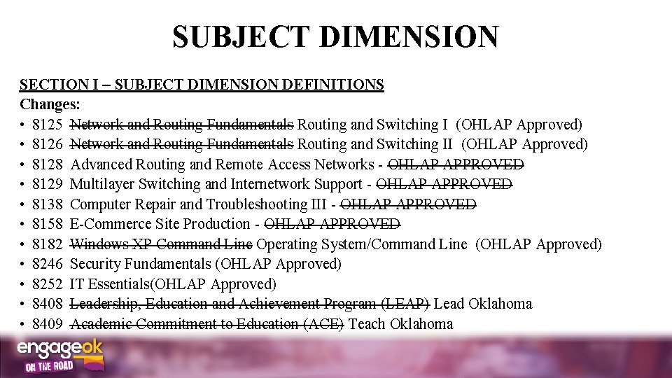 SUBJECT DIMENSION SECTION I SUBJECT DIMENSION DEFINITIONS Changes: • 8125 Network and Routing Fundamentals
