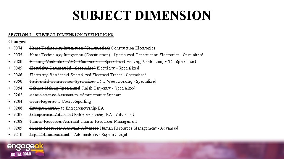 SUBJECT DIMENSION SECTION I SUBJECT DIMENSION DEFINITIONS Changes: • • • • 9074 Home