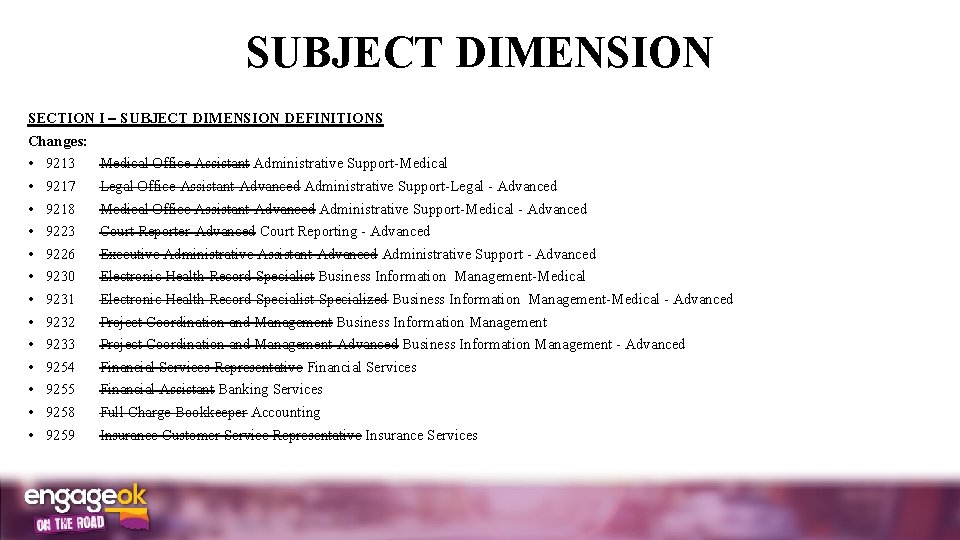 SUBJECT DIMENSION SECTION I SUBJECT DIMENSION DEFINITIONS Changes: • • • • 9213 Medical