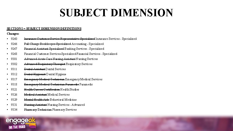 SUBJECT DIMENSION SECTION I SUBJECT DIMENSION DEFINITIONS Changes: • 9260 Insurance Customer Service Representative-Specialized