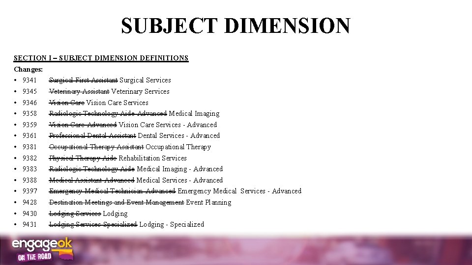 SUBJECT DIMENSION SECTION I SUBJECT DIMENSION DEFINITIONS Changes: • • • • 9341 Surgical