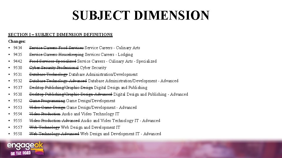 SUBJECT DIMENSION SECTION I SUBJECT DIMENSION DEFINITIONS Changes: • • • • 9434 Service