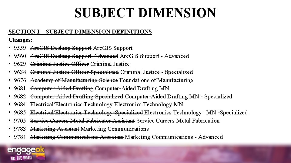 SUBJECT DIMENSION SECTION I SUBJECT DIMENSION DEFINITIONS Changes: • 9559 Arc. GIS Desktop Support