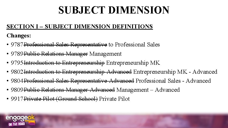 SUBJECT DIMENSION SECTION I SUBJECT DIMENSION DEFINITIONS Changes: • 9787 Professional Sales Representative to