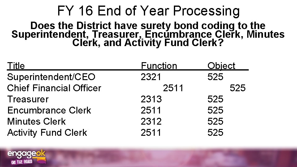 FY 16 End of Year Processing Does the District have surety bond coding to
