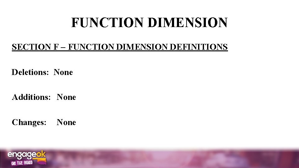 FUNCTION DIMENSION SECTION F FUNCTION DIMENSION DEFINITIONS Deletions: None Additions: None Changes: None 