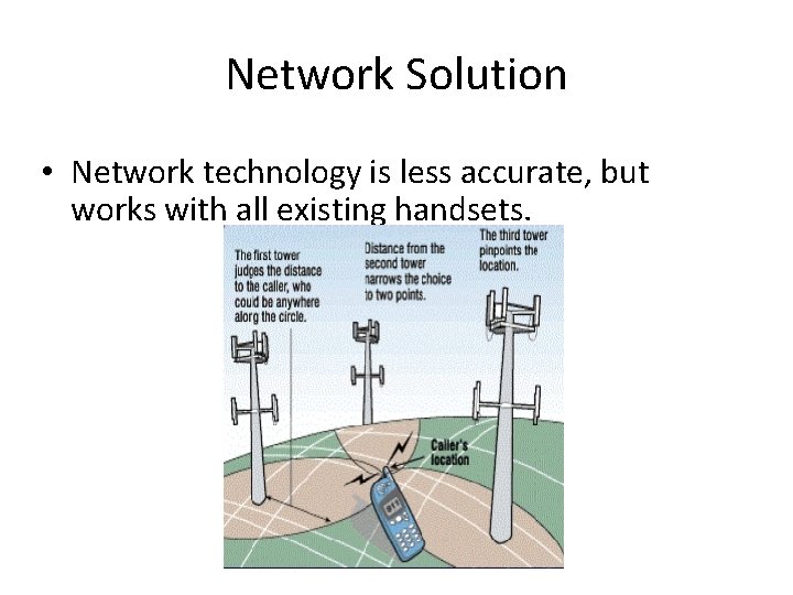 Network Solution • Network technology is less accurate, but works with all existing handsets.