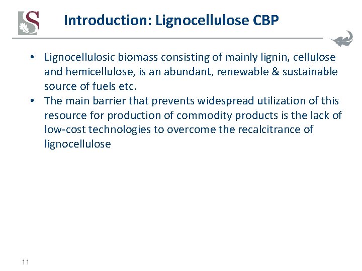 Introduction: Lignocellulose CBP • Lignocellulosic biomass consisting of mainly lignin, cellulose and hemicellulose, is