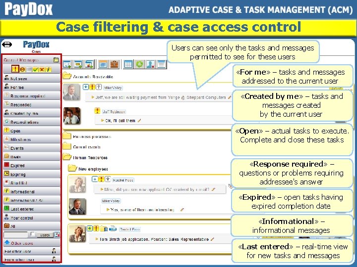 Case filtering & case access control Users can see only the tasks and messages
