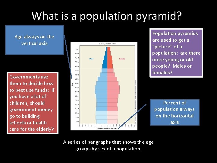 What is a population pyramid? Age always on the vertical axis Governments use them