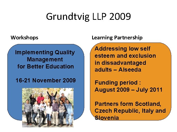 Grundtvig LLP 2009 Workshops Implementing Quality Management for Better Education 16 -21 November 2009