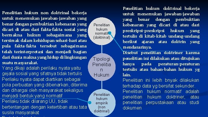 Penelitian hukum non doktrinal bekerja untuk menemukan jawaban-jawaban yang benar dengan pembuktian kebenaran yang