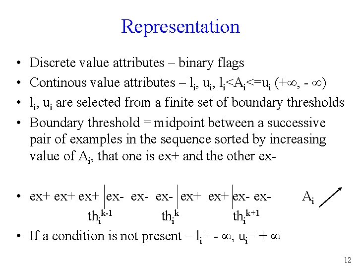 Representation • • Discrete value attributes – binary flags Continous value attributes – li,