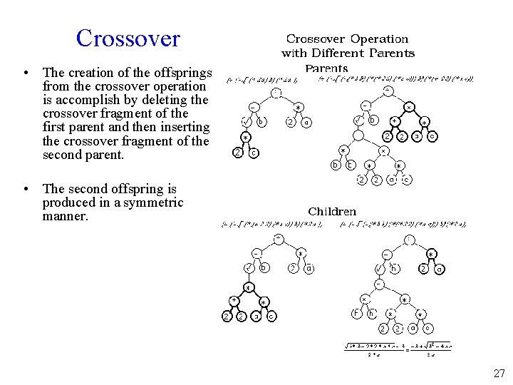 Crossover • The creation of the offsprings from the crossover operation is accomplish by