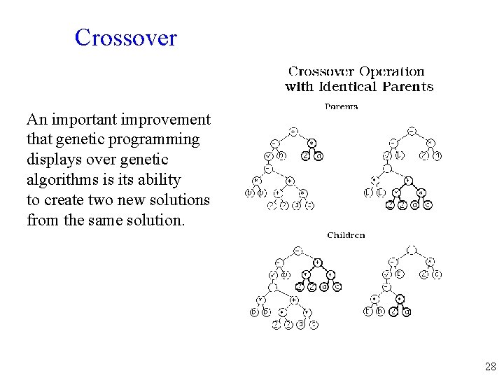Crossover An important improvement that genetic programming displays over genetic algorithms is its ability