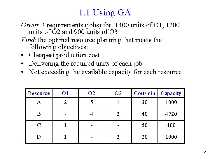 1. 1 Using GA Given: 3 requirements (jobs) for: 1400 units of O 1,