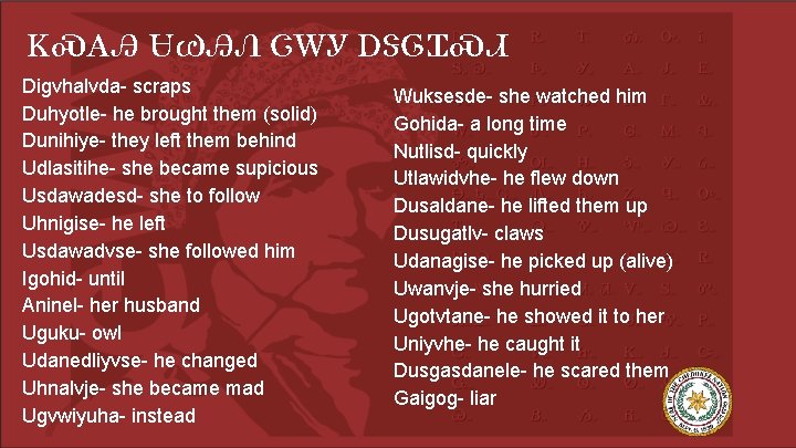 ᏦᏍᎪᎯ ᏌᏊᎯᏁ ᏣᎳᎩ ᎠᏕᎶᏆᏍᏗ Digvhalvda- scraps Duhyotle- he brought them (solid) Dunihiye- they left