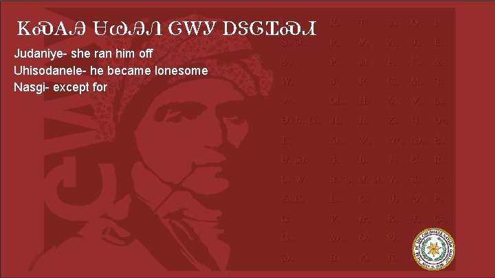 ᏦᏍᎪᎯ ᏌᏊᎯᏁ ᏣᎳᎩ ᎠᏕᎶᏆᏍᏗ Judaniye- she ran him off Uhisodanele- he became lonesome Nasgi-