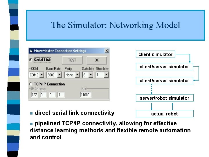 The Simulator: Networking Model client simulator client/server simulator server/robot simulator n direct serial link
