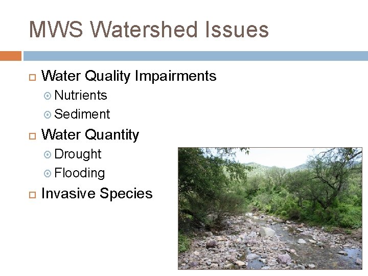 MWS Watershed Issues Water Quality Impairments Nutrients Sediment Water Quantity Drought Flooding Invasive Species