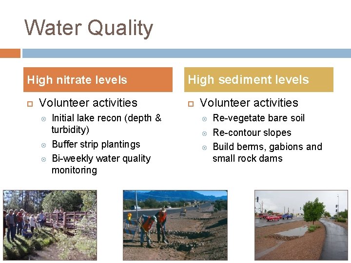 Water Quality High nitrate levels Volunteer activities Initial lake recon (depth & turbidity) Buffer