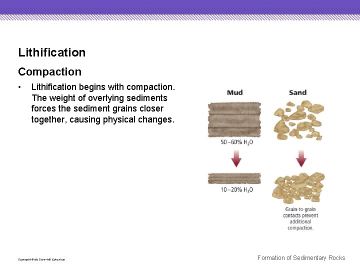 Lithification Compaction • Lithification begins with compaction. The weight of overlying sediments forces the