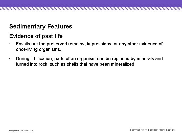 Sedimentary Features Evidence of past life • Fossils are the preserved remains, impressions, or